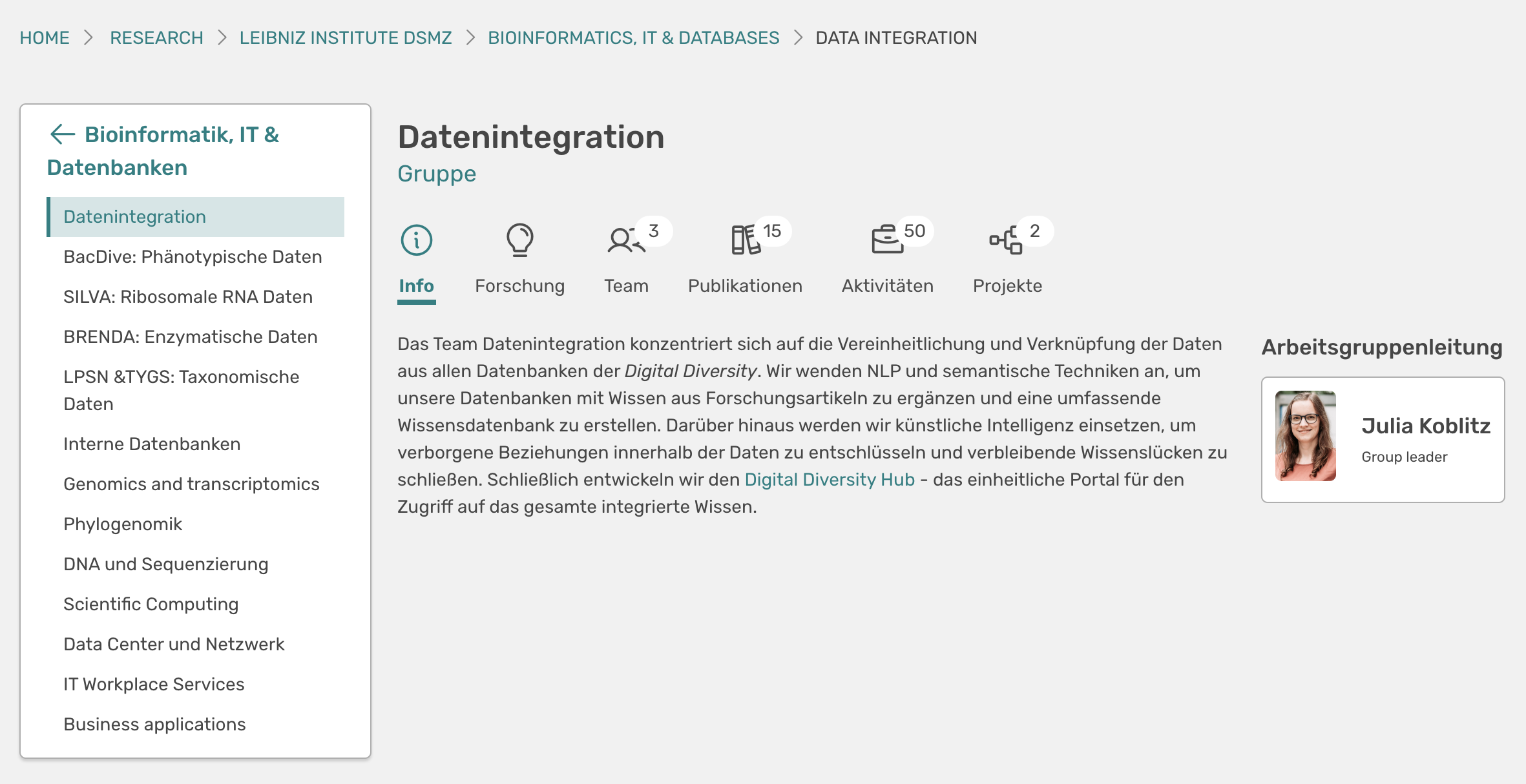 Übersicht über das Kernelement von OSIRIS Portfolio: gezeigt ist die Startseite der Arbeitsgruppe Datenintegration